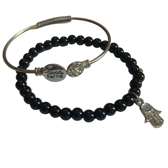 Good Karma Black Bead Stretch Bracelet & Hamsa Hand Charm Set - Picture 1 of 3